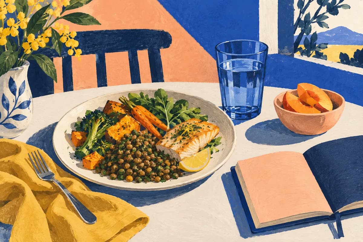 Painted illustration of a meal, fruit, water and a notebook on a sunlit table.