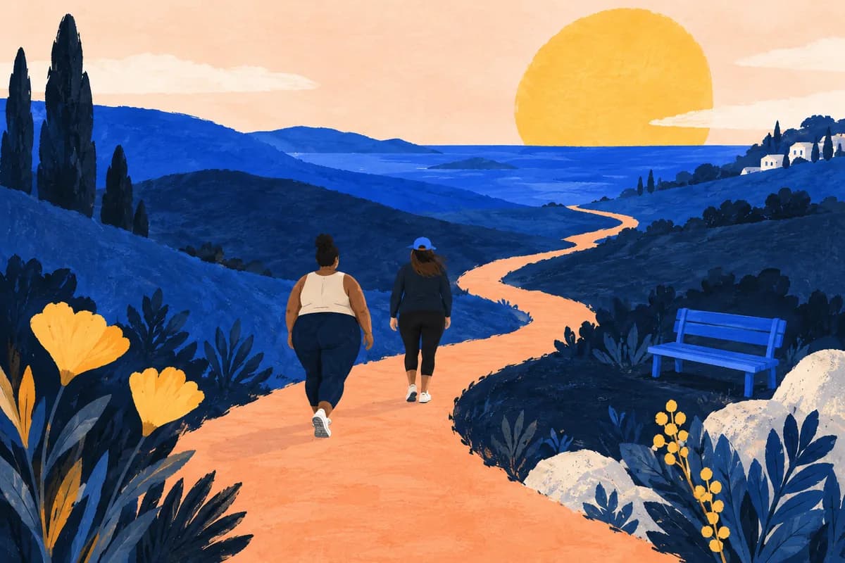 Painted illustration of two adults walking along an apricot path through blue hills toward a yellow sun.
